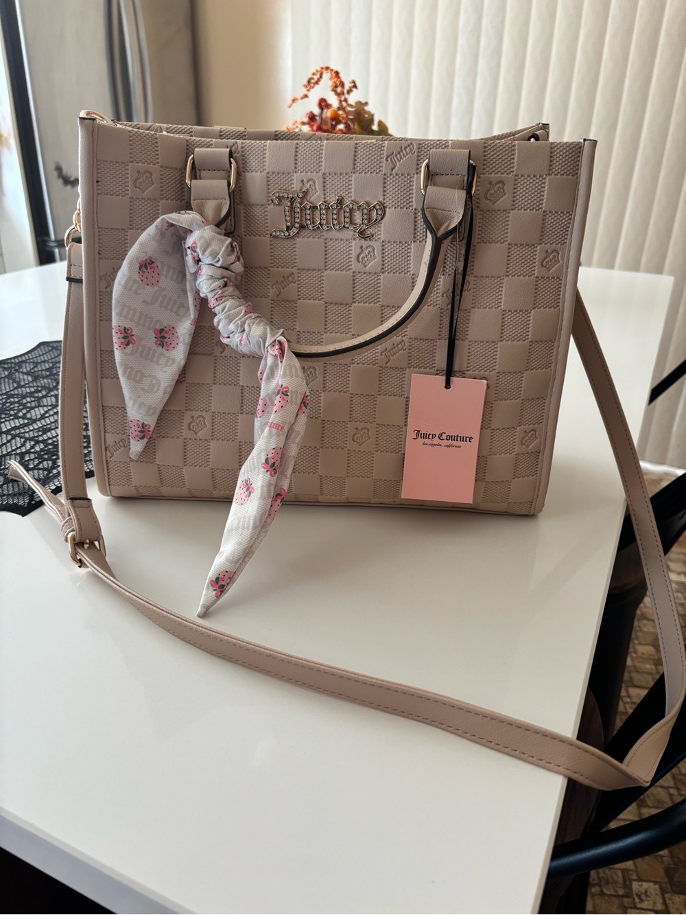 Juicy Couture Light Beige Checkered Satchel with Floral Scarf Accent